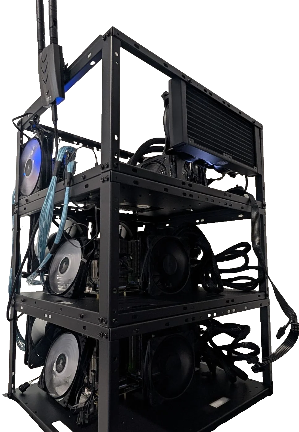 The finished rig from an angle, showing the radiator on top and fans on each tier
